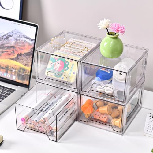 Stebopum 6 Pack Stackable Makeup Organizer, 4.4'' Tall Acrylic Bathroom Makeup Organizer and Storage Drawer with Pull-out Handle, Clear Plastic Storage Bins for Vanity,Pantry,Desk,Undersink,Kitchen - style: 6pack Small