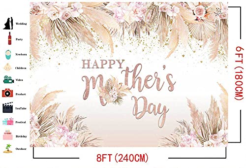 Mocsicka Happy Mother's Day Backdrop Boho Chic Pink Flowers Mothers Day Birthday Background for Women Bohemian Pampas Grass Mom's Day Party Cake Table Decorations Photo Booth (8x6ft) - size: 8x6ft