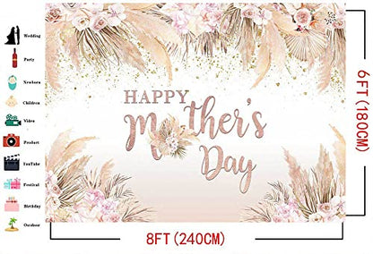 Mocsicka Happy Mother's Day Backdrop Boho Chic Pink Flowers Mothers Day Birthday Background for Women Bohemian Pampas Grass Mom's Day Party Cake Table Decorations Photo Booth (8x6ft) - size: 8x6ft