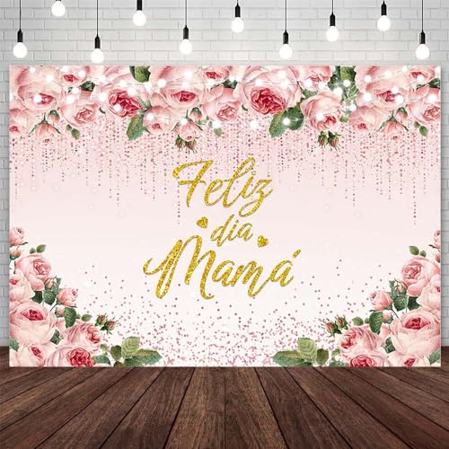 AIBIIN 7x5ft Feliz Dia Mama Backdrop Mexican Happy Mother's Day Photography Background Pink Gold Floral Glitter Party Decorations Feliz Día De La Madre Thanks Mother Party Banner Photo Props - color: Pink Feliz Dia Mama, size: 7x5ft