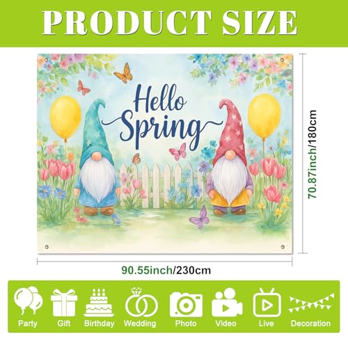 BlissYard Hello Spring Backdrop Cute Gnome Garden Scene Colorful Flowers Butterfly Fence Photo Booth Background Spring Party Home Decoration 8x6ft for Birthday Celebration Classroom Event Display - color: Hello Spring Backdrop#08