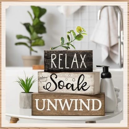 Moucuny 4 Pcs Bathroom Shelf Decor Sign Farmhouse Bathroom Decor and Accessories Rustic Eucalyptus Leaves Wood Block Sign Gift Relax Soak Unwind Farmhouse Table Centerpiece for Home Toilet - style: Bathroom Leaves
