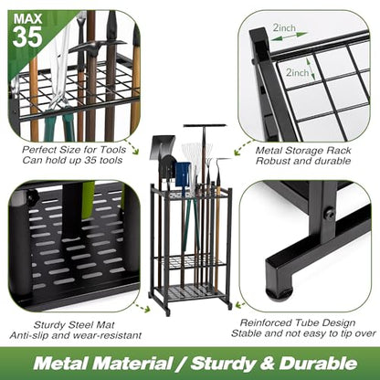 Garden Tool Organizer, Yard Tool Tower Rack for Garage Organization and Storage, Up to 35 Long-Handled Tools/Rakes/Brooms, Heavy Duty Steel Garden Tool Stand for Shed, Outdoor, Black - style: Rack