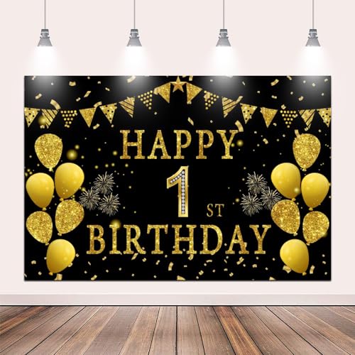 5x3ft Happy 1st Birthday Party Photography Backdrop, Glitter Black and Gold Balloons Background for Girl Goy First Bday Shining Diamond 1st Years Old Birthday Party Supplies - color: 1st, size: 5x3ft