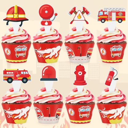 48 Pack Fire Truck Cupcake Toppers and Wrappers, Firefighter Fireman Party Cake Decoration for Firefighting Theme Birthday Party Baby Shower Supplies - style: Fire Truck