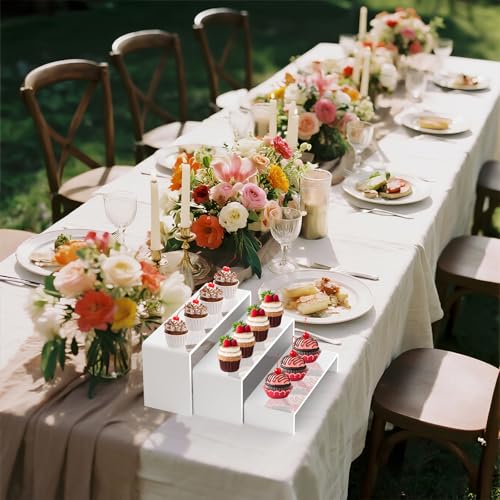 6 PCs Risers Display Stands 3 Tiers Desktop Acrylic Shelves Cake Dessert Holder Products Stand for Collectibles Shoes Jewels Pop Figure (White) - color: White 6 PCs