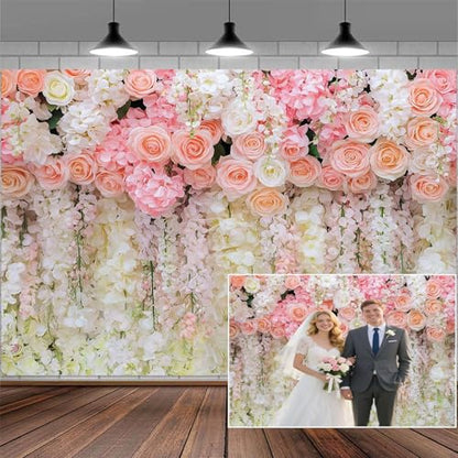 5x4ft Pink Rose Flower Wedding Photography Backdrop Spring Floral Photography Backdrop Valentine's Day Mother's Day Girl Birthday Baby Shower Wedding Bridal Party Banner Photo Booth Props Background - color: Multi9, size: 5X4FT