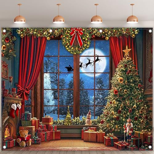 Fabric 10x8ft Christmas Window Photography Backdrop Winter Merry Xmas Tree Background Night Snow Party Decoration Holiday Photo Banner Props - size: 10'x8'