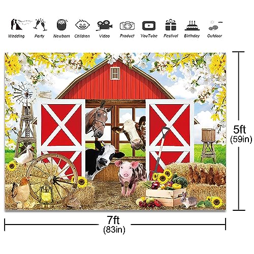 Spring Farm House Photography Backdrop 7x5ft Animals Red Rustic Barn Birthday Background Party Decorations for Kids Farm Theme Baby Shower Banner Photo Booth Props - size: 7x5ft