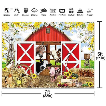 Spring Farm House Photography Backdrop 7x5ft Animals Red Rustic Barn Birthday Background Party Decorations for Kids Farm Theme Baby Shower Banner Photo Booth Props - size: 7x5ft