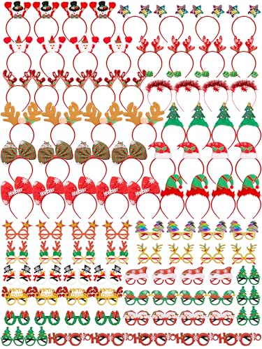 HOVACY 100Pieces Christmas Headbands and Glasses Frames Set, Christmas Party Favors, Cute Eyeglasses Headwear Set with Santa Hat, Snowman, Tree Designs, Christams Party Supplies Decor Photo Props - style: 100pcs