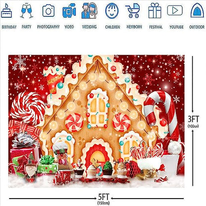 Ticuenicoa Christmas Gingerbread House Backdrop for Photography 5x3ft Winter Merry Xmas Snow Scene Lollipop Red Candyland Background Santa Baby Shower Birthday Party Decorations Photo Studio Props - size: 5x3ft