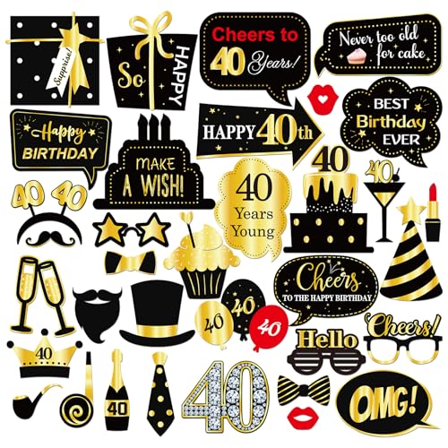 INNORU 40th Birthday Photo Booth Props, Women Men Birthday Photoshoot Funny Birthday Party Photography Props Favor Forty Years Old Centerpiece Sticks Decorations Black & Gold 35 PCS - size: 40