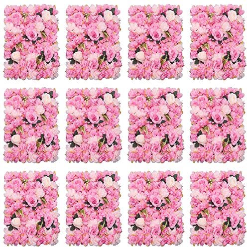 LOYALHEARTDY 12 Pack Artificial Flower Wall Panels 24" x 16" Flower Wall Panel Wall Backdrop Faux Hydrangea Rose Flower Backdrop Panels for Flower Wall Decor Wedding Party Event Decoration - color: 12 Pcs, Pink+leaf