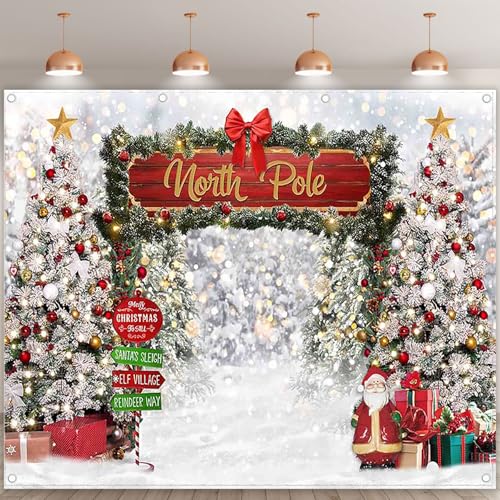Fabric 10x8ft Merry Christmas Winter Bokeh Photography Backdrop North Pole Forest Snow Xmas Tree Background Santa Party Decoration Holiday Photo Banner Props - size: 10'x8'