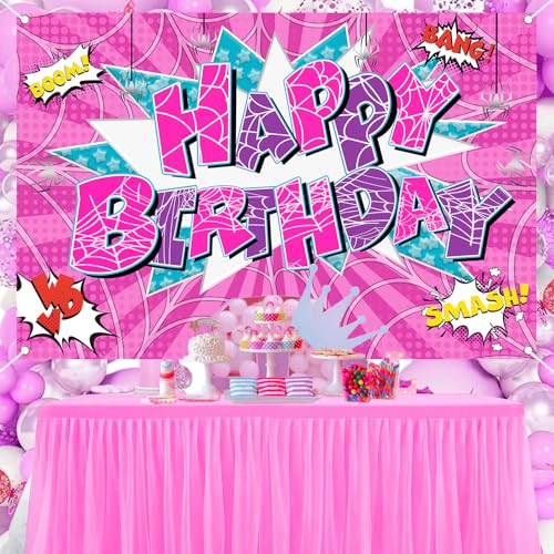 5x3ft Pink Spider Theme Backdrop Cartoon Photography Background Kids Boys Girls Birthday Party Decorations Photo Booth Banner Props - color: Pink-Spider