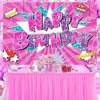 5x3ft Pink Spider Theme Backdrop Cartoon Photography Background Kids Boys Girls Birthday Party Decorations Photo Booth Banner Props - color: Pink-Spider
