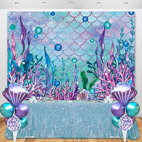 Sensfun Under The Sea Baby Shower Backdrop Purple Blue Seaweed Glitter Scales Underwater Photography Backgrpund Mermaid Birthday Decorations Party Cake Table Banner Photoshoot Vinyl Prop 7x5ft - size: 7x5ft