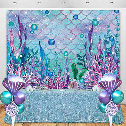 Sensfun Under The Sea Baby Shower Backdrop Purple Blue Seaweed Glitter Scales Underwater Photography Backgrpund Mermaid Birthday Decorations Party Cake Table Banner Photoshoot Vinyl Prop 7x5ft - size: 7x5ft