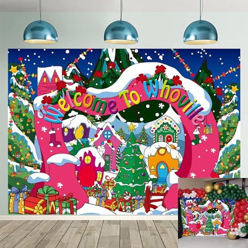 Welcome to Whoville Backdrop 5x3FT Winter Christmas Village Decoration Background for Kids First Birthday Baby Shower Happy New Year Xmas Holiday Party Supplies Photo Booth Props - size: 5x3FT