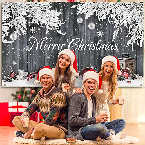 Christmas Wood Photography Backdrop Merry Christmas Santa Claus Gifts Background Rustic Barn Snowflakes Photo Background for Winter Holiday Home Decor Xmas Party Photography Props, 73 x 43 Inches