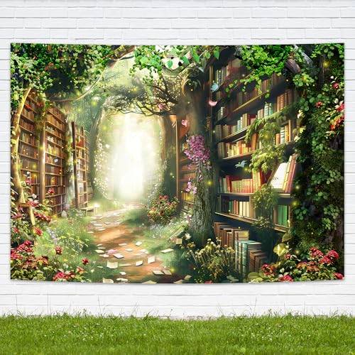 Fairy Woodland Library Backdrop 5Wx3H Feet Enchanted Garden Tale Reading Bookshelf Green Floral Plant Polyester Fabric Magic Nature Photography Backgrounds Photo Shoot Decor Props Decoration - color: A-Fairy03, size: 5Wx3H