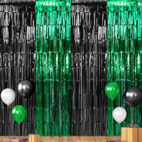 6Pack 3.3Ft x 6.6Ft Graduation Foil Fringe Curtain Backdrop Decorations, Green Black Metallic Tinsel Foil Streamers Curtain Photo Booth Background for Graduation Prom Wedding Birthday Party Decoration - color: Green Black