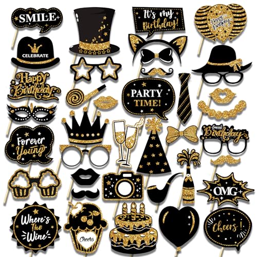 38PCS Birthday Photo Booth Props - Happy Birthday Graduation Wedding Party Favors Supplies Bday Party Decor Funny Cute Holiday Selfie Supplies (Gold Black) - color: Blackgold