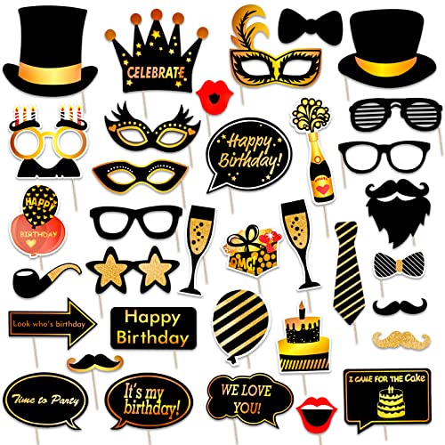 Qpout Black and Gold Photo Booth Props (35 Count) for Kids Adults Birthday Party - Funny Chic Selfie Props With Bamboo Sticks & Stickers