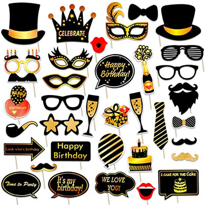 Qpout Black and Gold Photo Booth Props (35 Count) for Kids Adults Birthday Party - Funny Chic Selfie Props With Bamboo Sticks & Stickers