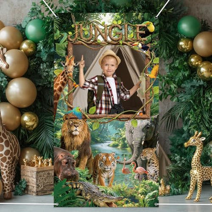 Jungle Animals Backdrop Jungle Party Decorations Safari Photo Backdrop Rain Forest Adventure Scenic Photography Background Banner for Large Wild Animals Party Supplies Wild Rainforest Photo Booth Prop - style: Jungle Animals