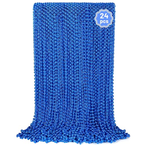 YAXINRUI 24 PCS Blue Bead Necklaces, Blue Mardi Gras Christmas Bead Necklaces, 33 Inch Round Patriotic Necklace, Beads Party Favors for Mardi Gras Christmas 4th of July Festive Events - color: Blue, size: 24 Pcs