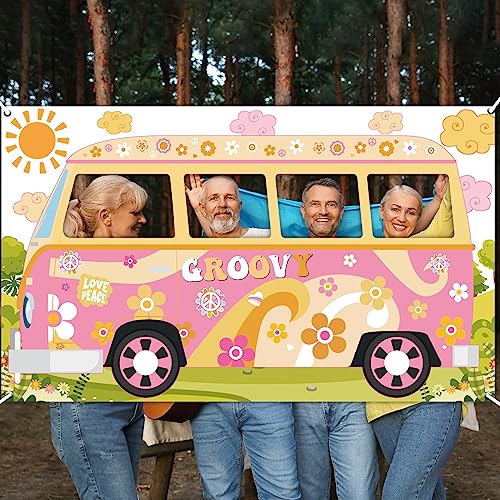 Hippie Bus Photo Prop Groovy Birthday Party Decorations Large Fabric Groovy Van Prop Hippie Selfie Frame Backdrop Background Banner Birthday Supplies Retro Daisy 60s 70s Party Favors 65.8 x 35.4 Inch - style: Hippie