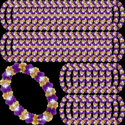 Sherr 24 Pcs LED Leis Light Up Purple and Gold Hawaiian Flower Necklaces, Graduation 2026 Party Supplies, Class of 2026 Leis for Beach Wedding Luau Glow Party Favors - color: Purple Gold