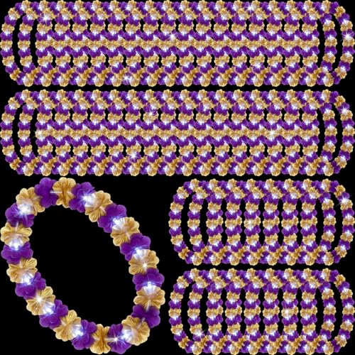 Sherr 24 Pcs LED Leis Light Up Purple and Gold Hawaiian Flower Necklaces, Graduation 2026 Party Supplies, Class of 2026 Leis for Beach Wedding Luau Glow Party Favors - color: Purple Gold