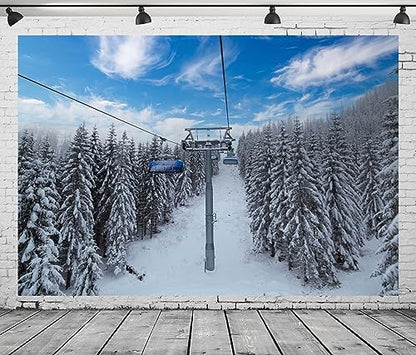 BELECO 15x8ft Fabric Winter Ski Resort Backdrop Snowy Mountain Cableway Station Fir Trees Background Winter Theme Kids Birthday Party Decor Photo Studio Props - size: 15x8FT