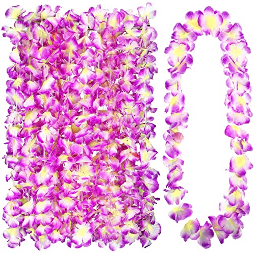 Hoteam 24 Counts Purple Hawaiian Leis Necklace Tropical Flower Lei Floral Luau Party Decorations Hawaiian Flower Luau Necklaces Hula Dance Garland Headbands for Beach Birthday Wedding Party Favors - color: Purple