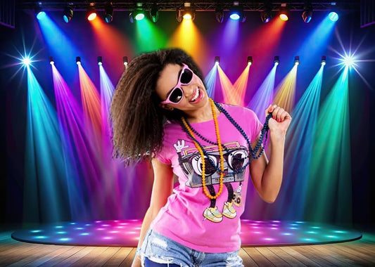7x5FT Rainbow Stage Photography Backdrop1980s Colorful Disco Backdrop Rock Music Glow Neon Dance Birthday Party Decorations Backdrop
