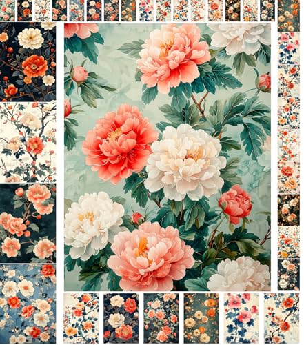 Decoupage Paper Pack (35 Sheets 6"x8") Blooming Petals: Vibrant Pink and Coral Flowers paired with Rustic, Faded Backgrounds Create a Nostalgic Floral ambiance FLONZ Vintage - color: Three