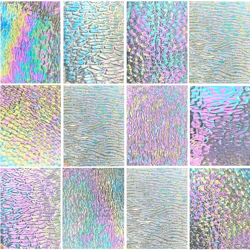 12 Sheets Iridescent Clear Stained Glass Sheet Variety Textures, 4 x 6 inch Transparent Cathedral Mosaic Glass for Crafts, Stained Glass Supplies for Art Glass Projects and Mosaic Work - color: Iridescent Clear
