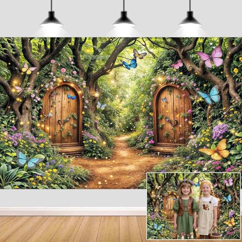 5X3ft Enchanted Forest Backdrop Fairy Tale Green Enchanted Garden Wonderland Floral Butterfly Photography Background for Kids Girl Baby Shower Birthday Party Decoration Banner Booth Props - color: Multi6, size: 5x3ft