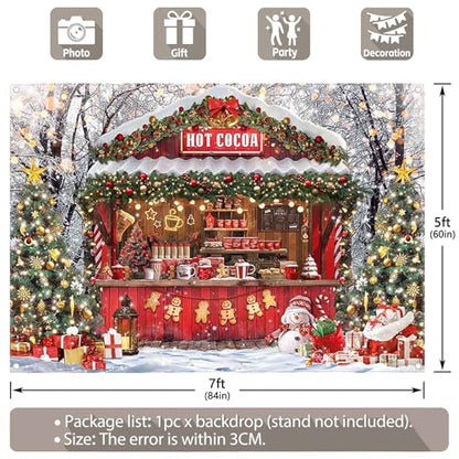 Fabric 7x5ft Christmas Hot Cocoa Bar Photography Backdrop Candy Shop Winter Snowman Scene Xmas Tree Chocolate Background Kids Family Party Decorations Photo Props - size: 7'x5'