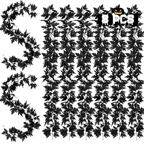 Helimoto 8 Pack Halloween Garland Outdoor, 47.2 FT Black Autumn Leaves Garland, Artificial Hanging Fall Decorations for Home, Fall Garlands for Autumn Thanksgiving Halloween Decor Wedding Party Mantle - color: Black, size: 8 Pcs