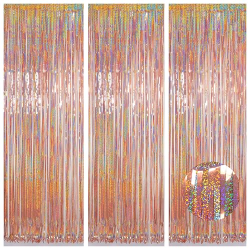 Foil Fringe Curtain Mothers Day Decorations - Melsan 3 Pack 3.2 x 8.2 ft Tinsel Curtain Party Photo Backdrop for Birthday Party Baby Shower Rose Gold - color: Rose Gold