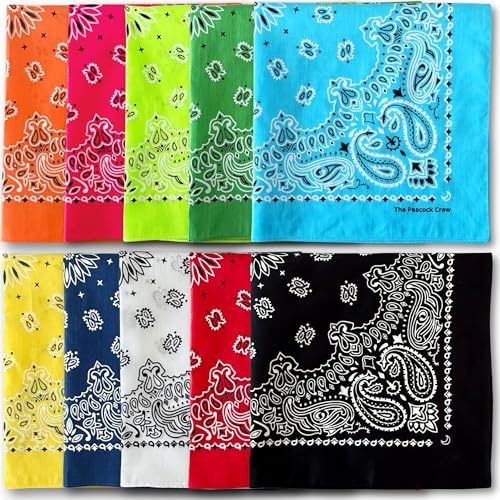 The Peacock Crew Premium Soft Cotton Bandanas Pack for Men and Women Paisley 22 x 22 inches - color: Pack of 10 Multicolor