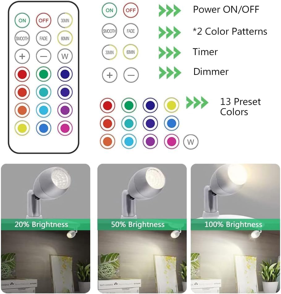 KINDEEP RGB Wireless LED Spotlight, Battery Operated Accent Lights, Indoor Mini Puck Light, Dimmable Uplight with Remote, 4000K Warm White, Stick on Wall Light with Rotatable Head, White, 2 Pack - color: White, size: 2 Pack