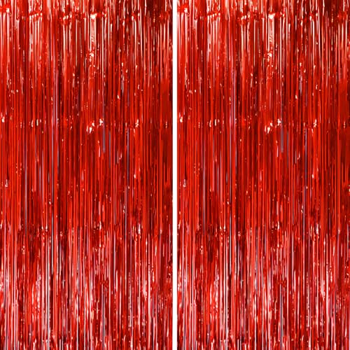 Voircoloria 2 Pack Red Tinsel Foil Fringe Curtains, Red Party Decorations, Metallic Tinsel Party Streamers Backdrop for Birthday Red Carpet Christmas Graduation Carnival Valentine's Party Decorations - color: 29 Red