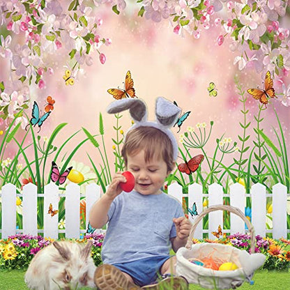 INRUI Spring Easter Garden Photography Backdrop Green Grass Lawn Floral Butterfly Fence Baby Shower Birthday Party Decorations Banner (6x8FT) - size: 6x8FT