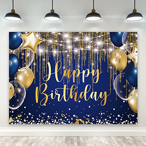 Riyidecor Blue Gold Happy Birthday Navy Royal Backdrop 7Wx5H Feet Polyester Fabric Men Boy Golden Dot Balloon Diamond Sparkle Cool Bday Party Photography Background Decorations Banner Photo Shoot - color: A 02 Bluegold, size: 7Wx5H