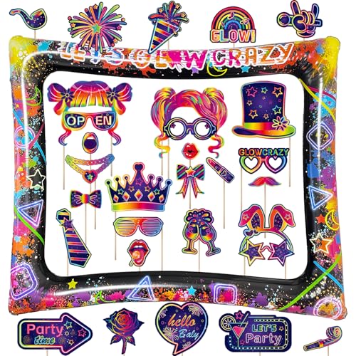 Glow Neon Inflatable Photo Frame & Props, 30Pcs Neon Photo Booth Props with Let's Glow Crazy Inflatable Selfie Picture Frame for Neons Disco Black Light Party Supplies - color: Let's Glow